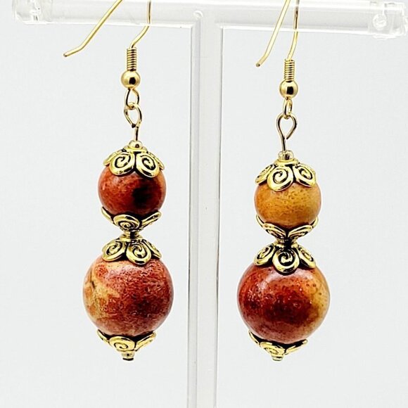 Artisan Wood Beaded Earrings Drop Dangle Dyed & Lacquered Fall Inspired 2 1/2" - Picture 6 of 6